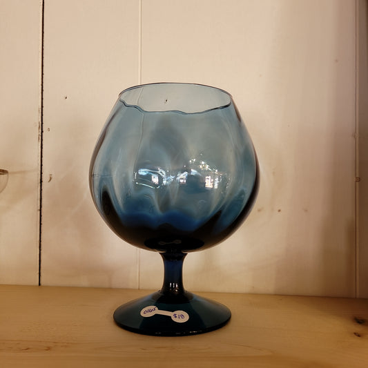 Vintage Art Glass Barware Hand Blown Blue Optic Brandy Sniffer Rose Bowl Vase