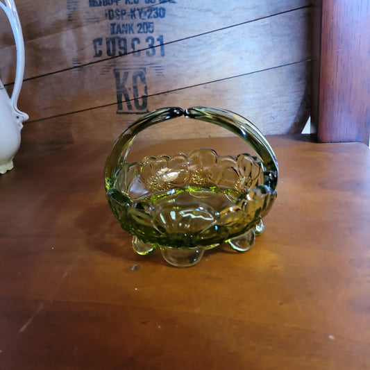 Vintage Westmoreland Glass Olive Green Dogwood Blossom Split Handled Candy Dish