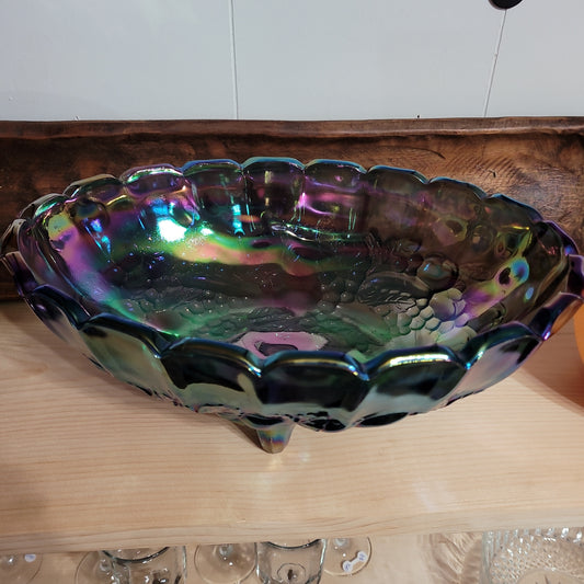 Indiana Harvest Grape Iridescent Blue Oval Footed Fruit Bowl Carnival Glass 12"