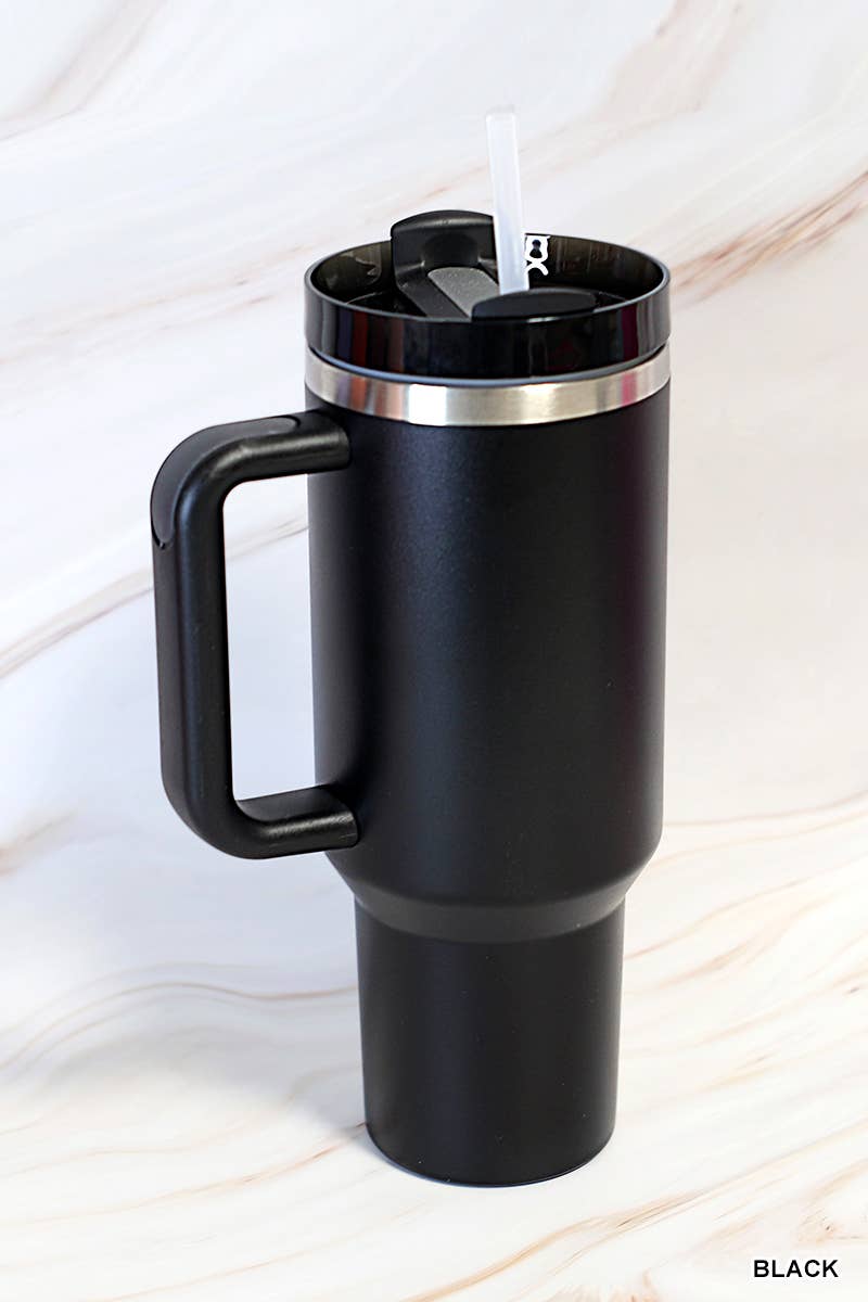 "...40oz Stainless Steel Tumbler w/ Straw