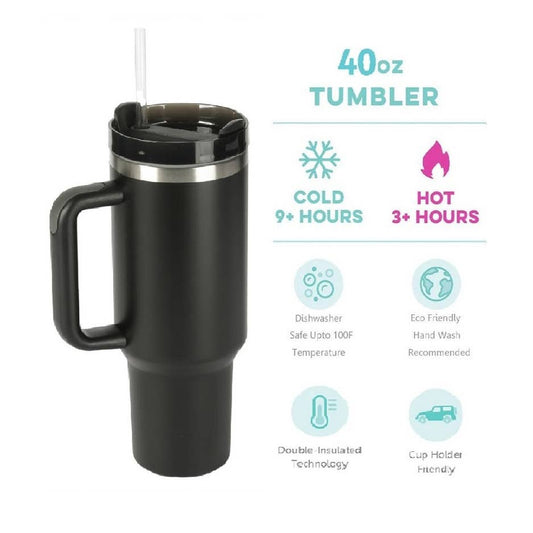 "...40oz Stainless Steel Tumbler w/ Straw