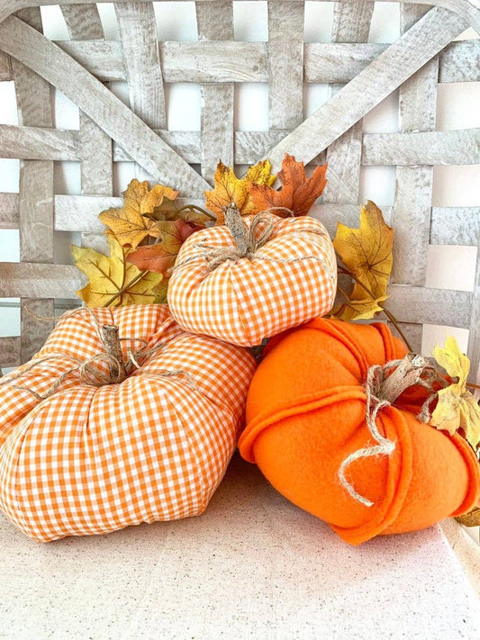 3 Pc. Orange Gingham Fabric Pumpkin Set